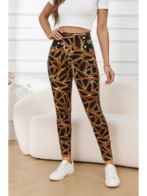 Passense Kadın Yüksek Bel Kaz Ayağı Desenli Yan Şerit Düğme Detaylı Dalgıç Pantolon