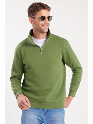 Tudors Unisex Relax Fit Rahat Kesim Pamuklu İçi Polarlı Yarım Fermuarlı Yeşil Dik Yaka Sweatshirt