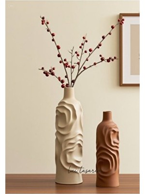 Lui Tasarım Krem ve Kremit Rengi Vazo 2'li Seramik Set Arin Vazo Bohem Iskandinav Japon Tarzı