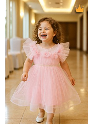 Minimony 2-8 Yaş Gül Yakalı Grenli Kabarık Tül Kız Bebek Çocuk Abiye Elbise Bayramlık Gelinlik Pembe 3502