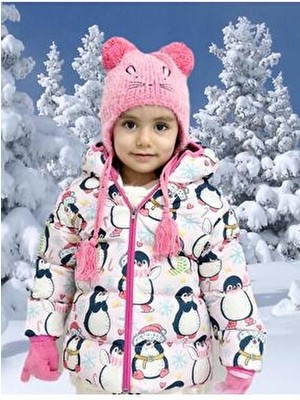  kız çocuk ıç polarlı kapüşonlu penguen desen digital baskılı kışlık şişme mont & kaban rb-103