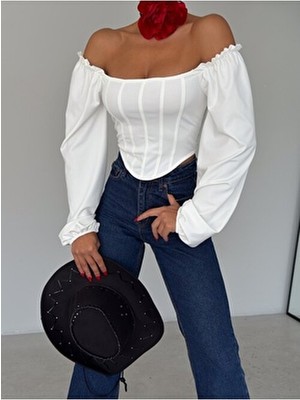 Qutta Kadın Beyaz Kare Yaka Şeritli Uzun Balon Kol Dalgıç Kumaş Crop Bluz