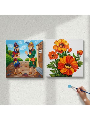 Dudu Gift TATİL-KARNE HEDİYESİ 2'li Tuval Boyama Seti 20X20 cm Uv Baskı 6 Akrilik Boya 1 FIRÇA-MODEL-269