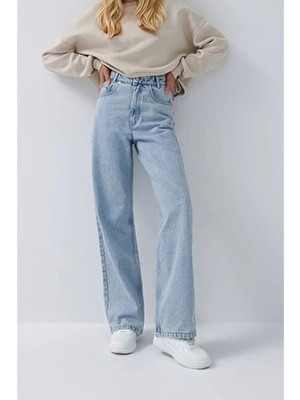 By Caspita Fashion Lenithra Kadın Yüksel Bel Palazzo Geniş Paça Salaş Denim Jean Likrasız