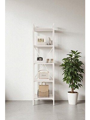 Mobitopya Nilamu Beyaz 45 cm Minimalist Kitaplık 5 Raflı Metal Aksamlı 45*170*34 cm Ev ve Ofis Kullanımı