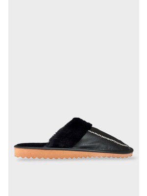 Liger Siyah Kürklü Erkek Ev Terliği Düz Taban Suni Deri ile Şık ve Rahat Tasarım