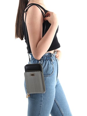 Silver & Polo Silver Polo Siyah Beyaz - Siyah Hasır Kadın Telefon Çantası SP1011