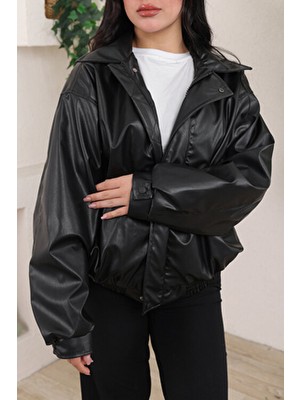 Yeni Sezon Kadın Baharlık Bomber Balon Kol Oversize Deri Ceket