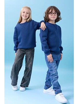 Perendi Unisex Indigo Renkli Basic Bisiklet Yaka Uzun Kollu Kışlık Sweatshirt Cepsiz