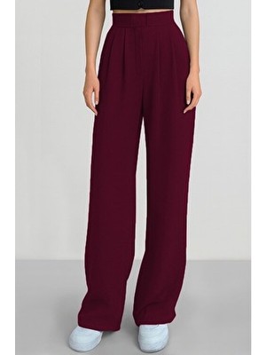 Alinda Kadın Cırtlı Yüksek Bel Palazzo Pantolon Orta Kalınlıkta Düz Desenli Kumaş Bordo