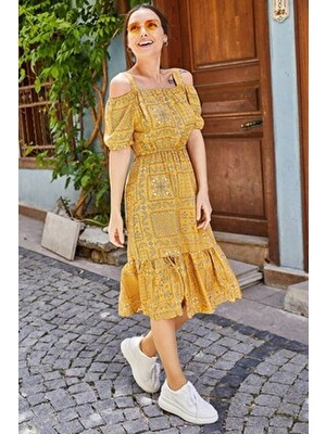 Armonika Kadın Hardal Kareli Çiçek Desenli Askılı Beli Lastikli Elbise ARM-21K001202