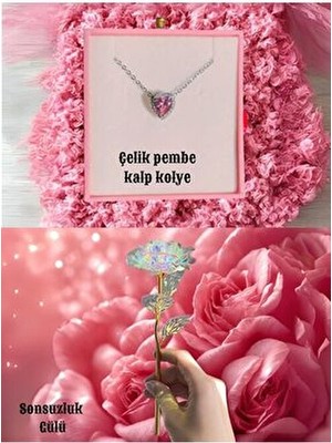 Le Manolia Accessories Pembe Kalp Kolye ve Sonsuzluk Gülü Kararmaz Çelik Hediye Seti