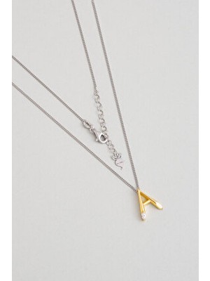 Asimetrik A Harfi 18 Ayar Beyaz ve Sarı Altın Kaplama 45 cm Gümüş Harfli Kolye