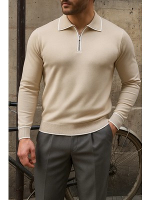 Comstar Erkek Günlük Çizgili Trend Bej Polo Yaka Kazak