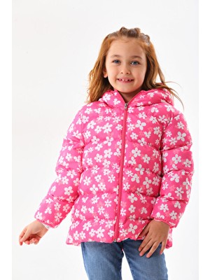 Kız Erkek Çocuk Iç Polarlı Kapüşonlu Çiçek Desenli Kışlık Şişme Mont & Kaban RB-107