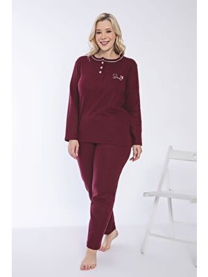 Temporium Kadın Kışlık Bordo Büyük Beden Yakası Düğmeli Uzun Kollu Interlok Pijama Takımı