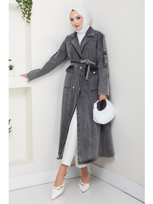 Kadın Denim Trençkot Koyu Gri Kuşaklı Cepli Standart Kalıp Trenç Yaka %90 Pamuk