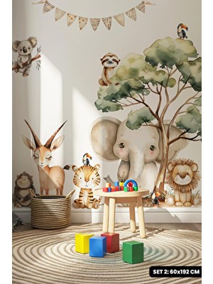 Msticker Sonbahar Temalı Hayvanlar ve Yapraklar Cam Duvar Sticker Seti