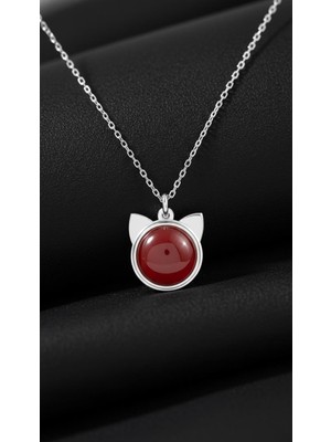 Mercan Taşlı Kedi Gümüş Kolye