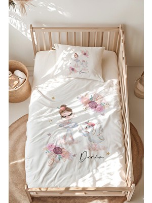 Lilabio %100 Pamuk Isme Özel Isimli Montessori Yatak Nevresim Takımı (100X200 Cm) Balerin