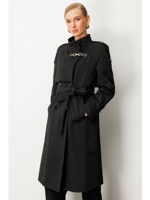 Ekol Dik Yaka Beli Kuşaklı Kadın Siyah Trençkot 07003