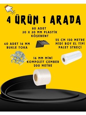 Dalpak Ambalaj 16 mm Beyaz Kompozit Lifli Avantajlı Paletleme Seti ( 16 mm Beyaz Kompozit Lifli Çember, Plastik Köşebent, Streç Film, Bukle Toka )