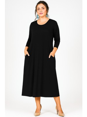 Curvy Trend Büyük Beden Geniş Kesim Uzun Kol Viskon Elbise
