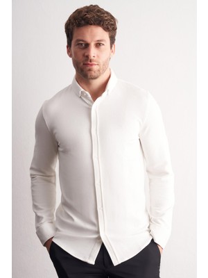 İmza Beyaz Smart Düğmeli Yaka Uzun Kol Cepsiz Slim Fit Casual Gömlek 1004255169