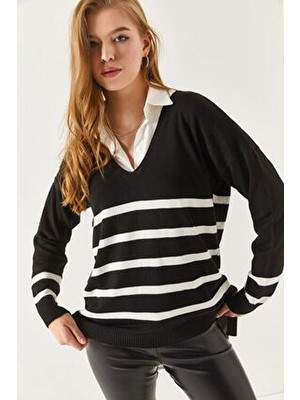 Armonika Kadın Siyah V Yaka Çizgili Önü Kisa Arkası Uzun Kazak ARM-20K012008