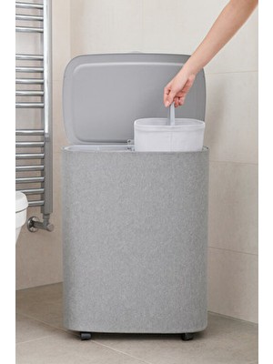 Gülümseten Avm 2 Bölmeli 90 Lt Tekerlekli Kirli Çamaşır Sepeti – Kapaklı, Çıkarılabilir Torbalı, Gri Kumaş Tasarım
