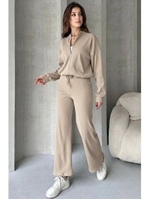 Bej Kaşkorse Pantolon Fermuarlı Bomber Ceket Kadın Alt Üst Takım