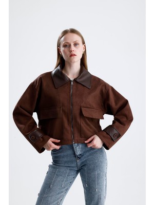 Isawella Deri Detaylı Fermuarlı Kısa Süet Ceket - Kahverengi