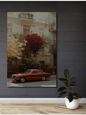 Teona Ahşap Kırmızı Klasik Otomobil Çiçek Açan Bina Sulu Boya Görünümlü Ahşap Dekoratif Tablo Dikdörtgen Tablo