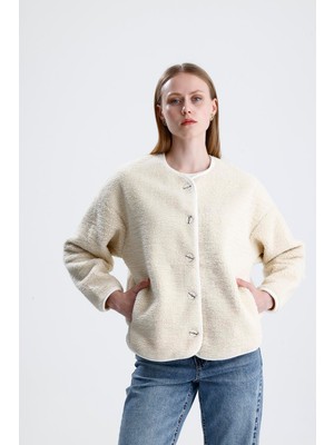 Isawella Içi Polarlı Düğmeli Peluş Ceket - Taş