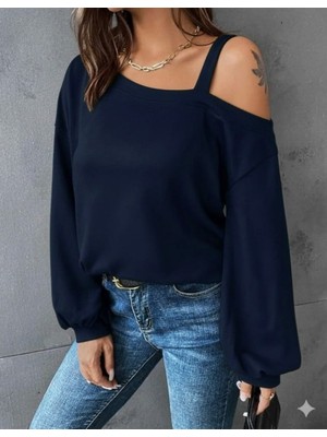 Gökyüzü Moda Kadın Uzun Kollu Tek Omuz Askı Detay Salaş Viskon Iki Iplik Bluz