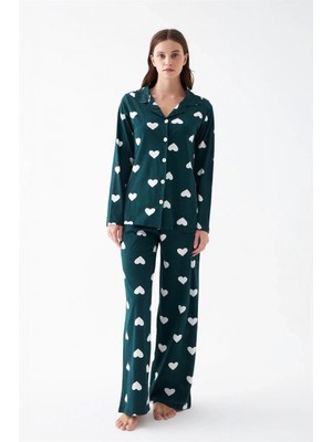 Marsilyan- Kadın Zümrüt Yeşili Kalp Desenli Düğmeli Pamuklu Pijama Takımı