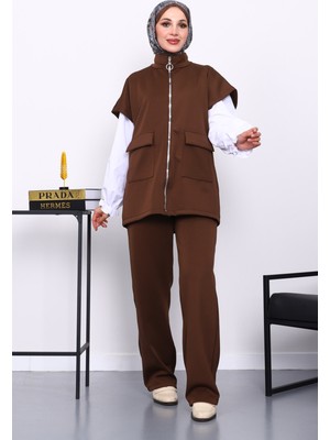 İmaj Butik Kahverengi Fermuarlı Cepli Yelek Pantolonlu Scuba Takım