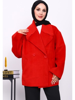 İmaj Butik Kırmızı Çift Cepli Düğmeli Kaşe Ceket