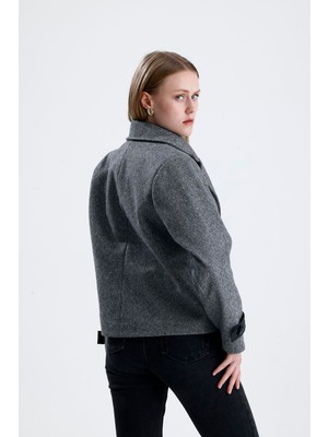 Isawella Diyagonal Kruvaze Kaşe Ceket Deri Detaylı - Gri