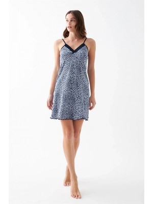 Marsilyan- Kadın Mavi Leopar Desenli Dantel Detaylı Ip Askılı Gecelik