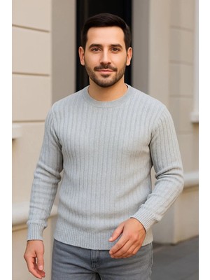 Moda Erkek Bisiklet Yuvarlak Yaka Triko Kazak Pamuklu Kalın Fitilli Dokuma, Regular Fit Uzun Kollu Kışlık Model - Gri