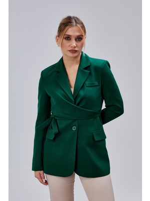 Bolivente Zümrüt Yeşili Kuşaklı Regular Astarlı Kruvaze Kapama Dokuma Blazer Ceket