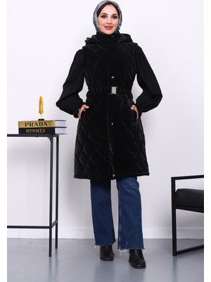 İmaj Butik Siyah Kapşonlu Kemerli Şişme Yelek