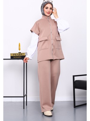 İmaj Butik Vizon Fermuarlı Cepli Yelek Pantolonlu Scuba Takım