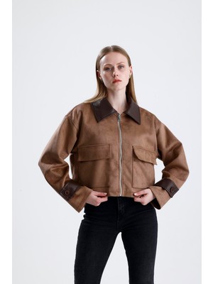 Isawella Deri Detaylı Fermuarlı Kısa Süet Ceket - Vizon