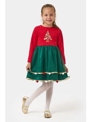 Mojo Bebek Mojo Kız Çocuk 4-7 Yaş Happy Christmas Ponponlu Elbise Kırmızı