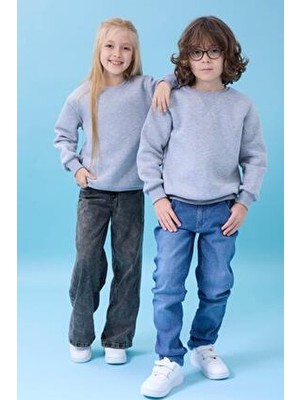 Perendi Unisex Basic Bisiklet Yaka Şardonlu Kışlık Sweatshirt - Gri