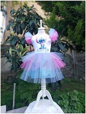 Niliya Çocuk Giyim Mavi Stitch Baskılı Party Tütü Elbise Askılı Silüet ile Eğlenceli Özel Olaylar