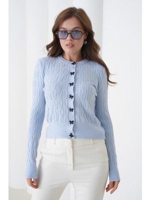 Kadın Bisiklet Yaka Düğme Detay Saç Örgü Yumuşak Dokulu Triko Hırka