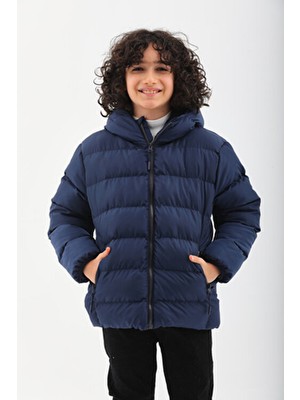 Kız Erkek Çocuk Lacivert Su ve Rüzgar Geçirmez Kapüşonlu Polar Kışlık Şişme Mont & Kaban RB-450